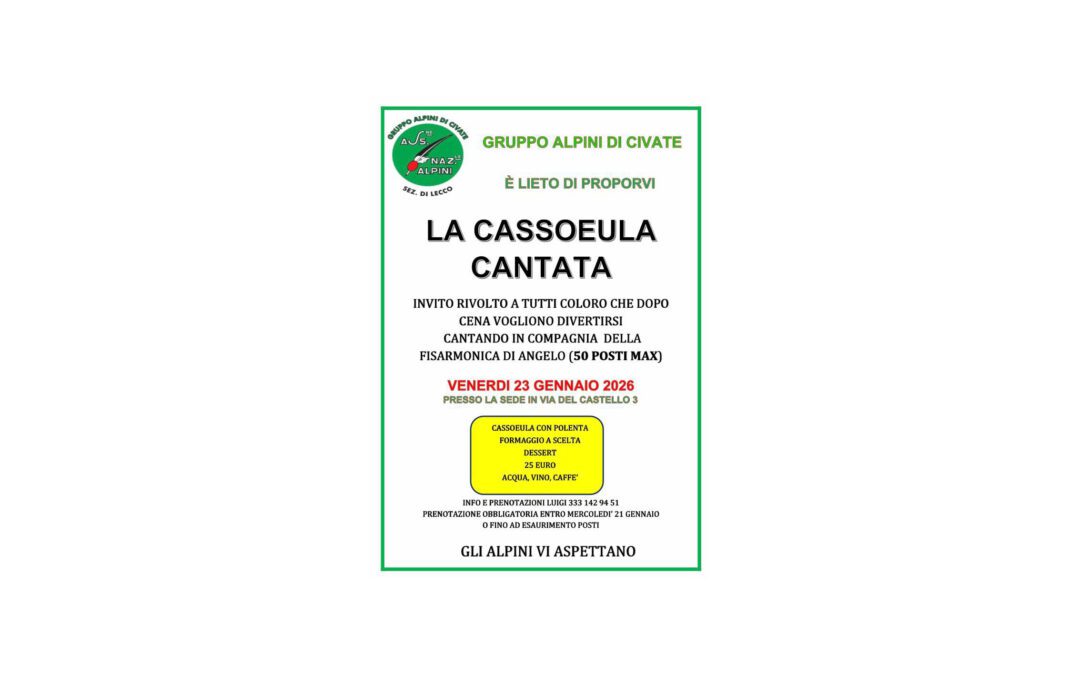 Venerdì 23 Gennaio non mancate alla tradizionale “Cassoeula “